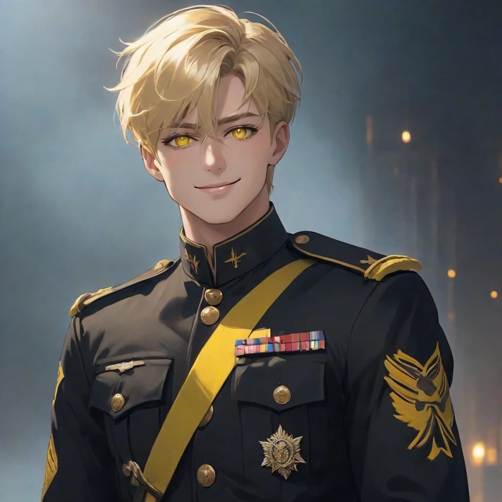 A tall blond man in a black military uniform with bright yellow eyes and short hair, full height, a wide villainous smile
