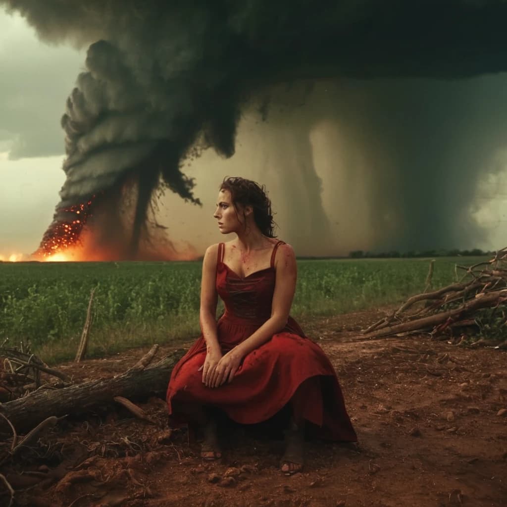 Woman got bloody eyes inside of tornado on her knees. Ancient times. Magic world