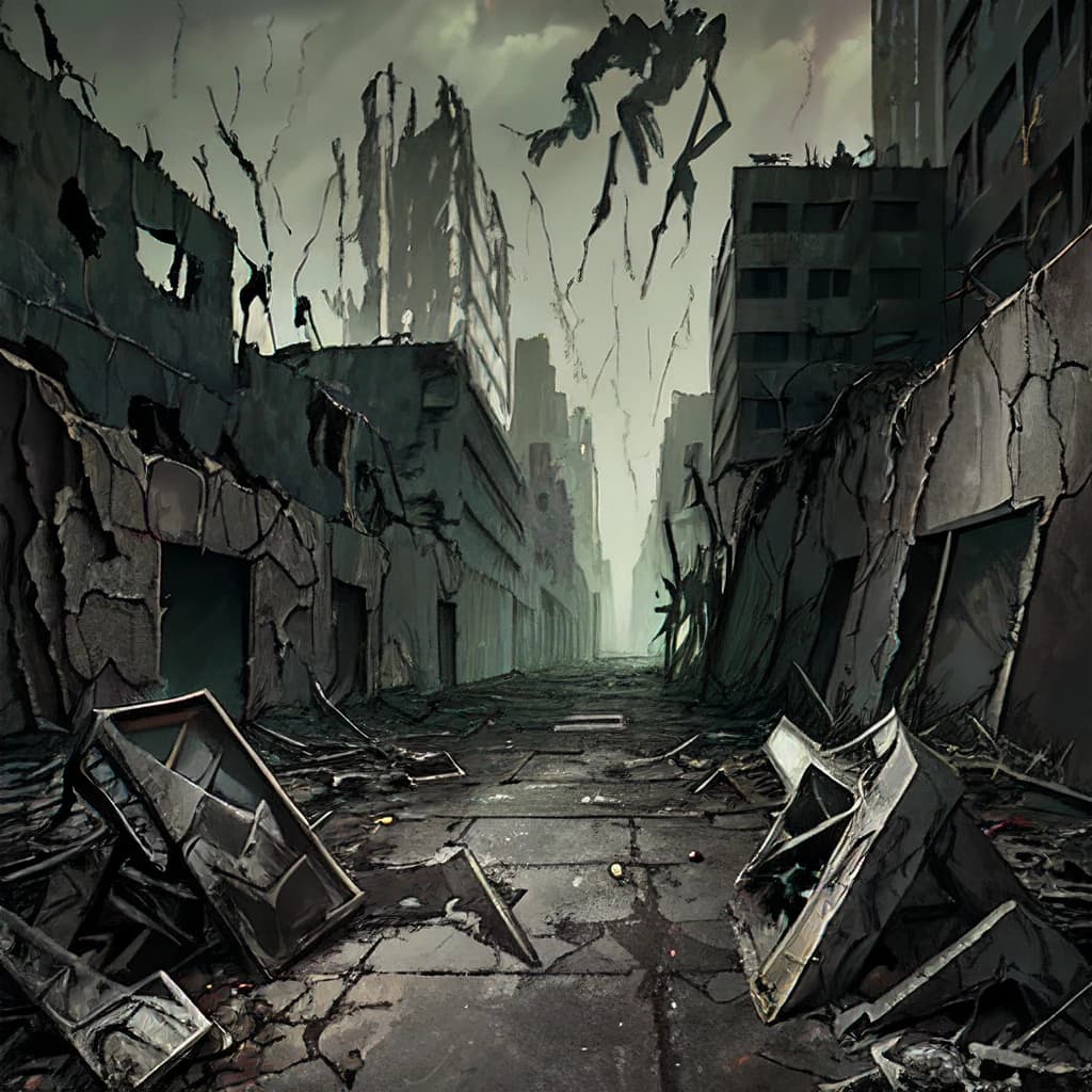 (masterpiece, post-apocalyptic, gritty:1.3), agile and athletic cyborg racing down an abandoned street littered with debris and graffiti, showcasing a desolate setting, dirty and worn details on the cyborg's mechanical parts reflecting the effects of the destroyed environment, dark colors of alcohol paint mingling with rust and dirt tones in the scenery, creating a dramatic and dark contrast, overlaid images of ruins and warning signs merging with the cyborg figure, evoking feelings of desolation and potential rebirth, dynamic pose, detailed urban decay backdrop with crumbling buildings, overgrown vegetation, ominous skies, scattered debris, muted color palette, eerie atmosphere, rugged textures, intense energy, symbolic composition hinting at resilience amidst chaos.
