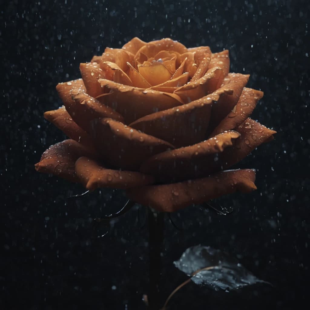 ASCII  Masterpiece, (cosy), (ultra high res, mj,best quality,highly detailed:1.5),(cinematic),(volumetric lighting, volumetric shadows:1.5),Amazing, (8k details),(photorealistic:1.4), (warm lighting,ray tracing,dynamic lighting:1.5),
a black rose up close illuminated by divine grace radiated with ancestral light on a rainy day