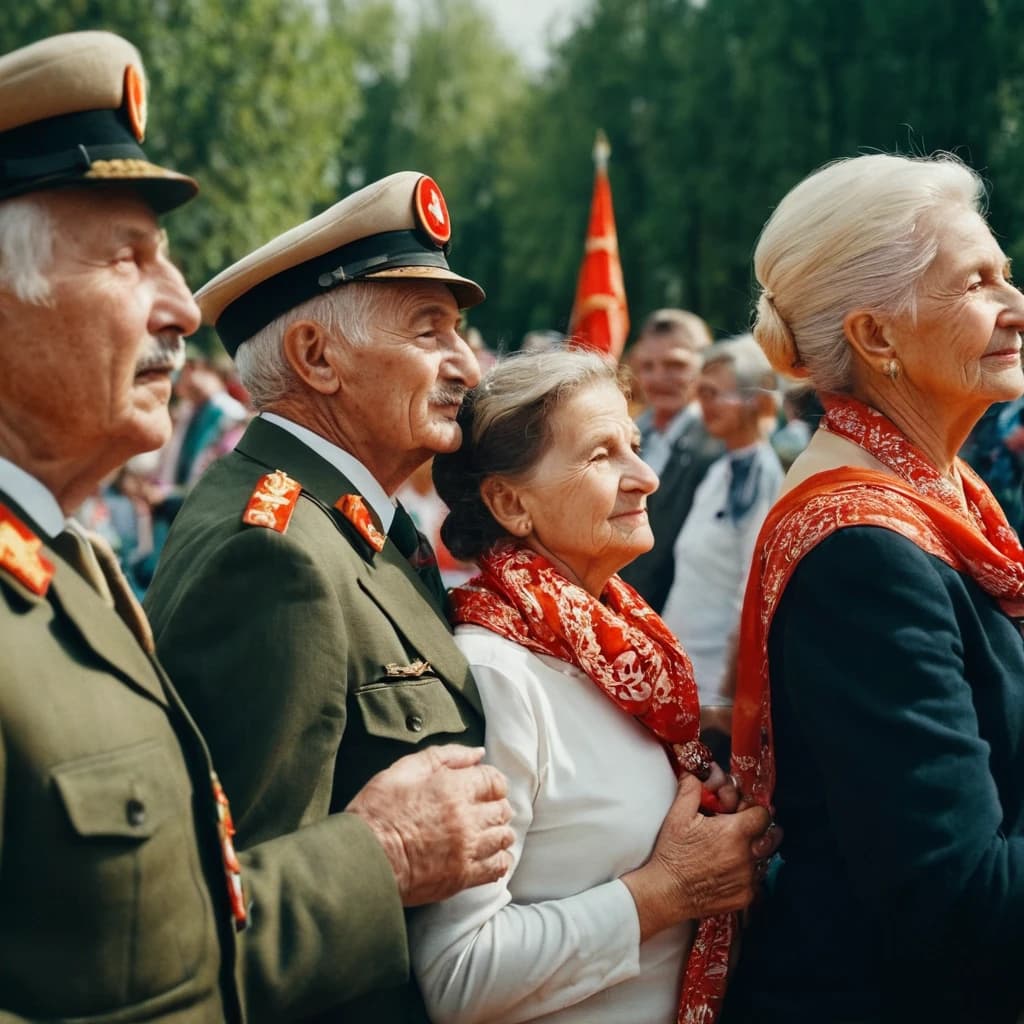 Небольшой праздник, посвященный Дню Победы, на котором присутствуют как молодежь так и старики с атрибутикой данного праздника,  крупным планом нет людей( 7-8 человек издалека) ,  стиль- живая фотография