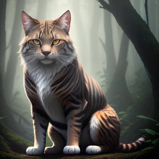 арт рисунок дикая кошка сидит в лесу с добычей в зубах