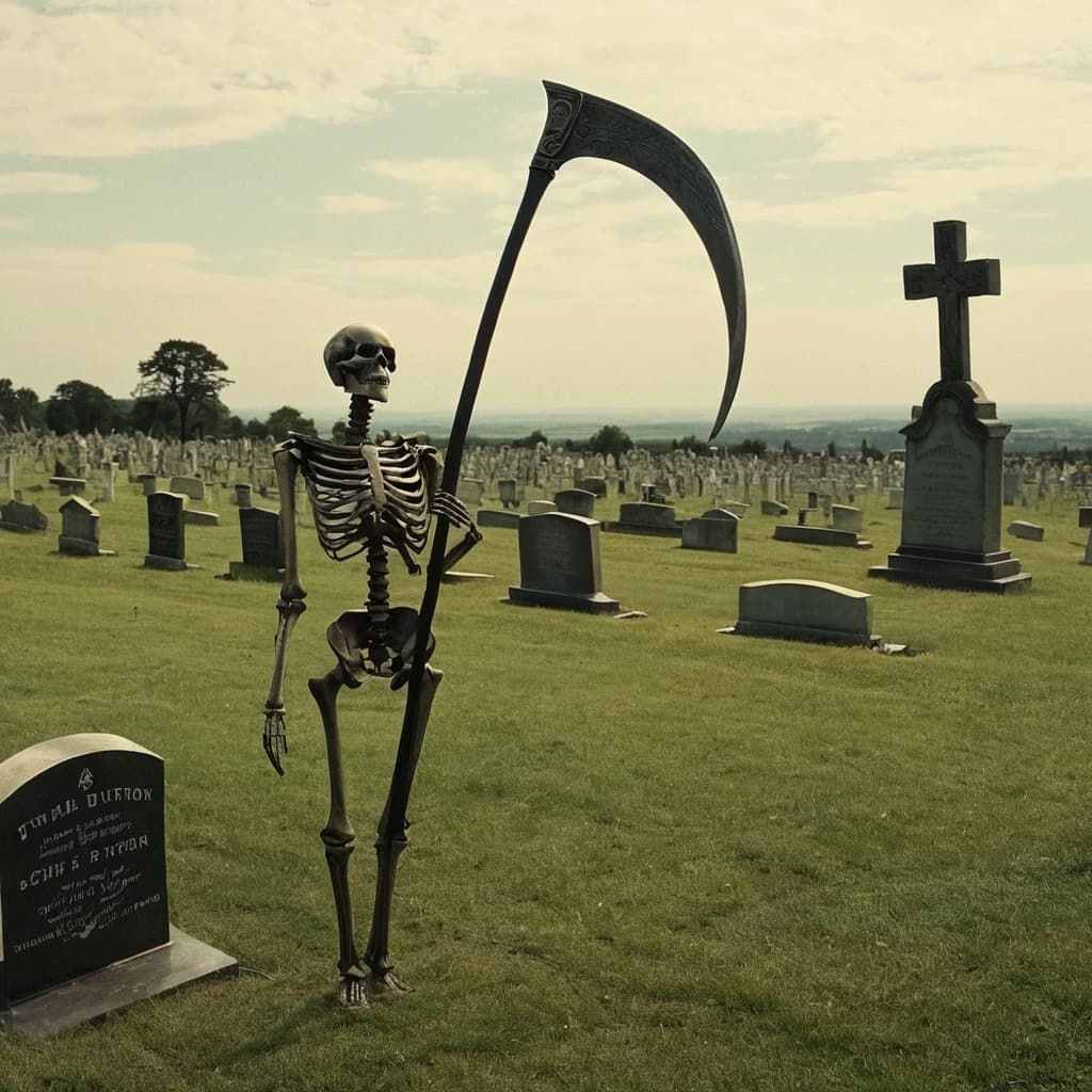 смерть в виде скелета с косой на кладбище , татуировка эскиз  Tim Burton