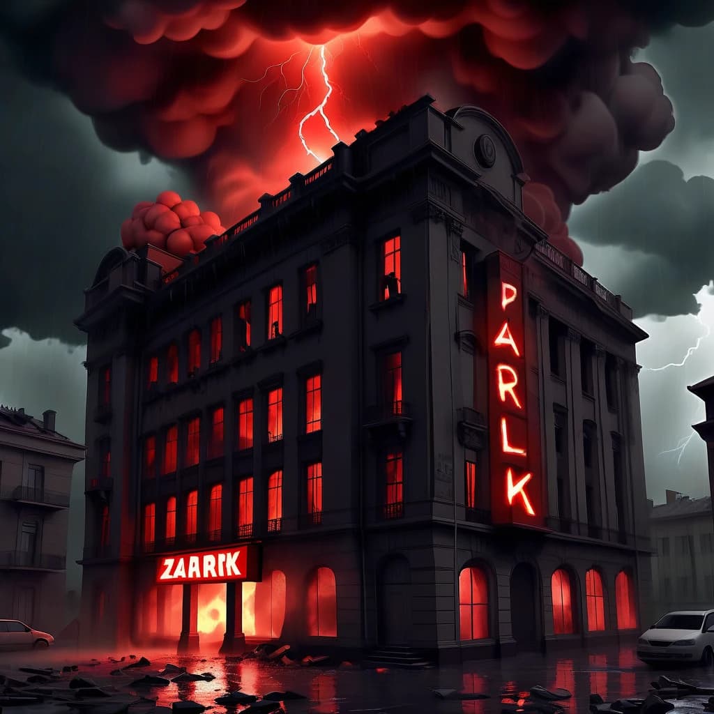 Ад, посередине горящее здание из ада с вывеской "ZAApark" идёт дождь, гроза, красная молния бьёт в здание, в небе летает шаровая молния
