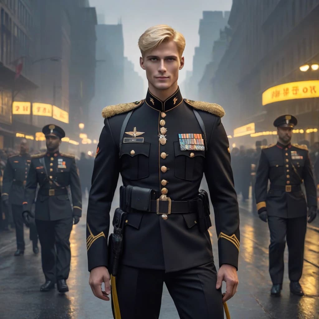 A tall blond man in a black military uniform with bright yellow eyes and short hair, full height, a wide villainous smile