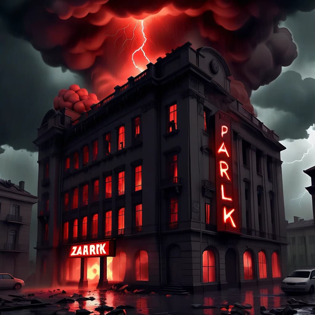 Ад, посередине горящее здание из ада с вывеской "ZAApark" идёт дождь, гроза, красная молния бьёт в здание, в небе летает шаровая молния