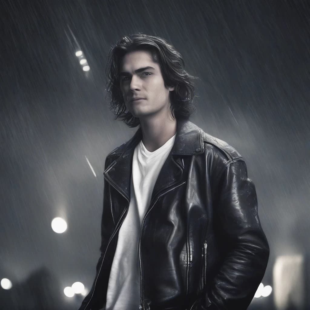 A young man with shoulder-length hair and a gray streak, laughing angrily, stands with his arms crossed over his chest. He wears a black leather jacket and dark clothing. The scene is set in the midst of swirling chaos, with thunderstorms and flashes of lightning.