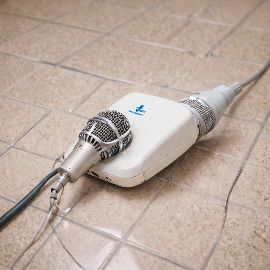 an ordinary microphone with a wire lying on the tile in a hospital room, in a graphic style
