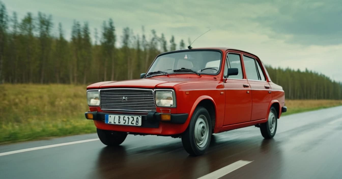 красная современная машина LADA едет по дороге