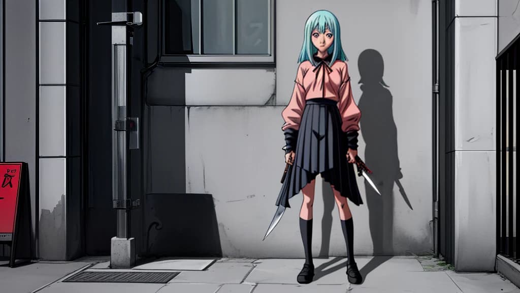 Anime girl standing around the corner with a full-length knife in the center of the frame in color
