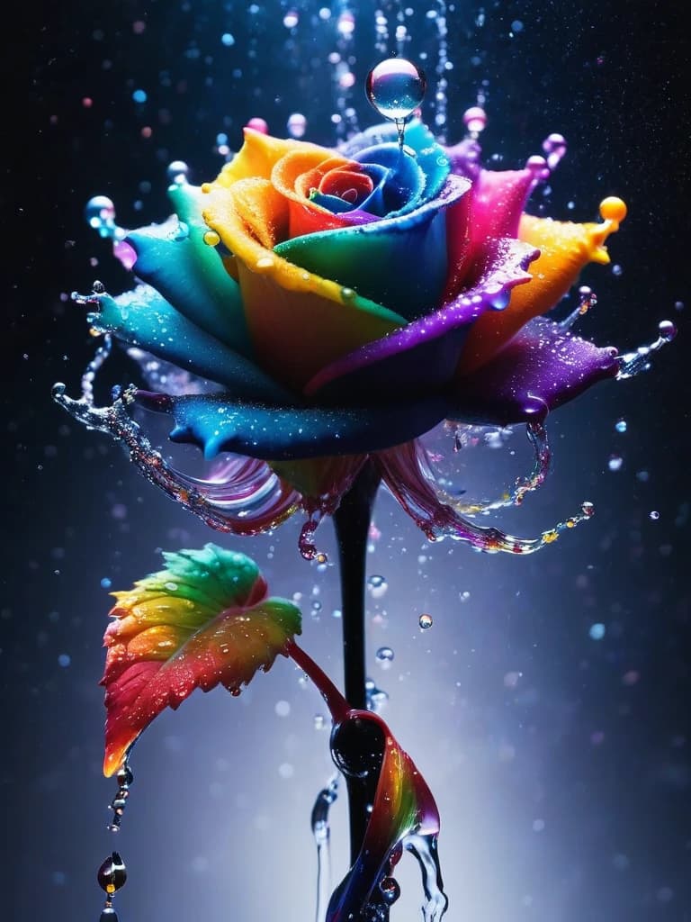 Digital Image. Fantasy rose on a stem made of multicolored shiny water jets, splashes and colored drops. Background black, abstract with multicolored drops and splashes. Beauty and splendor, rapture. The dance of color. Dynamics of jets, splashes. Luminescence. The perfect texture of water, radiance. Fantasy, surrealism, concept art. High detail and high quality.  HDR.