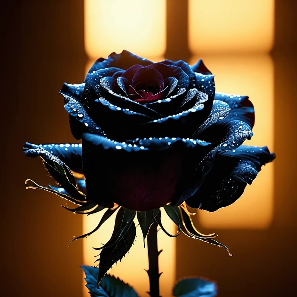 ASCII  Masterpiece, (cosy), (ultra high res, mj,best quality,highly detailed:1.5),(cinematic),(volumetric lighting, volumetric shadows:1.5),Amazing, (8k details),(photorealistic:1.4), (warm lighting,ray tracing,dynamic lighting:1.5),
a black rose up close illuminated by divine grace radiated with ancestral light on a rainy day