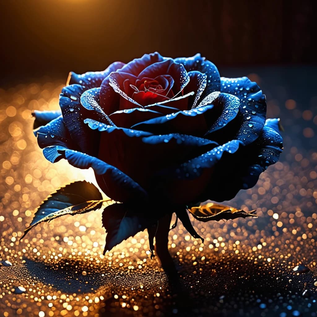 ASCII  Masterpiece, (cosy), (ultra high res, mj,best quality,highly detailed:1.5),(cinematic),(volumetric lighting, volumetric shadows:1.5),Amazing, (8k details),(photorealistic:1.4), (warm lighting,ray tracing,dynamic lighting:1.5),
a black rose up close illuminated by divine grace radiated with ancestral light on a rainy day