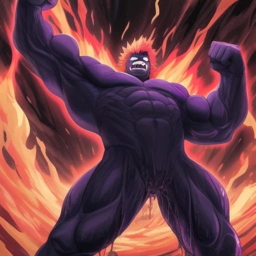 a close up of a person with an evil look on their face, anime wallpaper, showing off his muscles, gradient black to purple, boku no hero academia style, fiery aura, character is covered in liquid, dark cavern, one fist raised high in triumph, morph, exploitable image, heroic human proportions, shredded, trending top art, light academia aesthetic