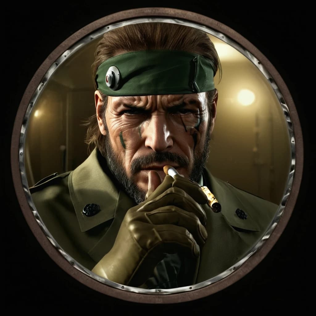 The photo was taken through a peephole, meaning a fisheye effect was applied. It shows a character from the game Metal Gear Solid Big Boss smoking a cigar with his right and left hand with a prosthesis.