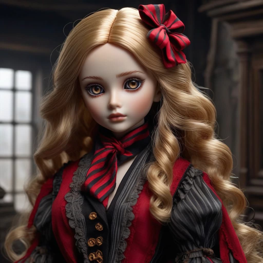 The concept art of the character is a small toy porcelain doll 20 centimeters tall with swamp-colored eyes and a bow in long golden hair, in a large black and red striped scarf wrapped around the neck and in a stained, gray, torn Victorian dress in a ruined wealthy house