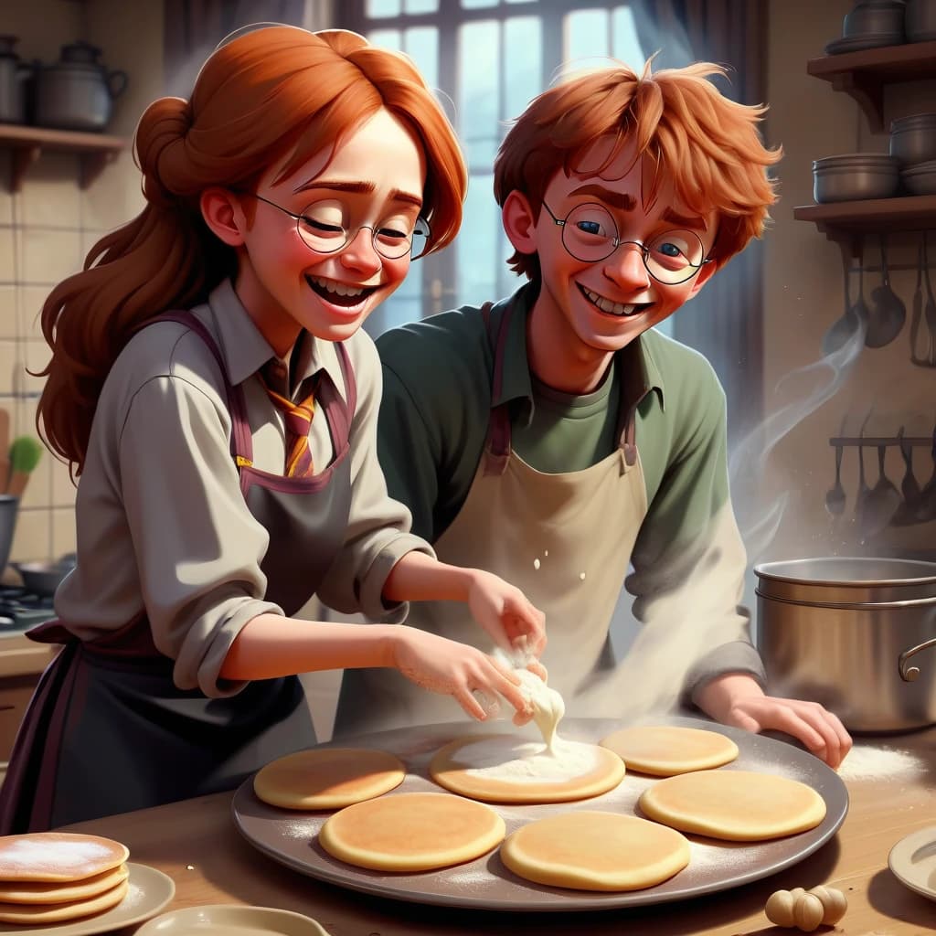 harry potter, germiona granger, ron weasley, cooking russian pancakes, flour on the table, laughing, magic, anime art style