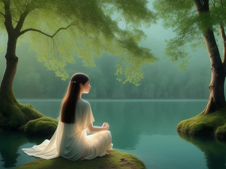 image made in soft blue and green colors to create a peaceful and contemplative atmosphere, which depicts a meditating girl in a white cloak with gold embroidery, sitting under a tree in a forest clearing, near a reflecting lake and soft light falling on the silhouette of the girl
