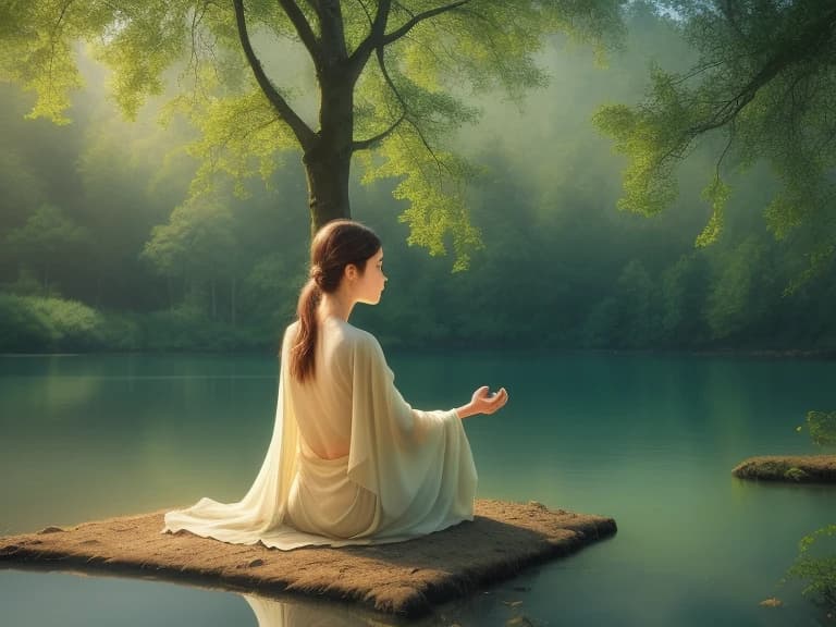 image made in soft blue and green colors to create a peaceful and contemplative atmosphere, which depicts a meditating girl in a white cloak with gold embroidery, sitting under a tree in a forest clearing, near a reflecting lake and soft light falling on the silhouette of the girl