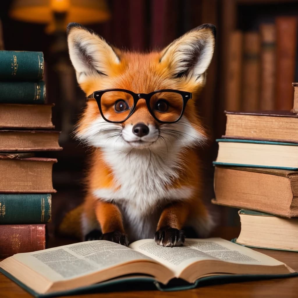 маленький лисенок в очках с книгами