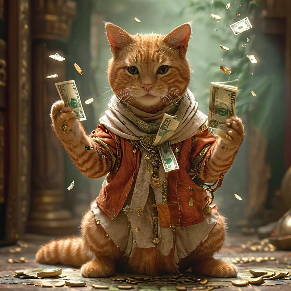 ginger cat holding a wad of money in his paw