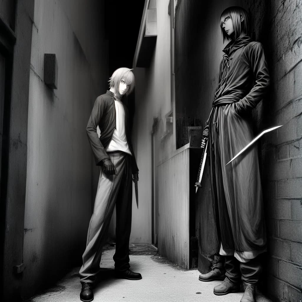 Anime standing around the corner with a full-length knife in the center of the frame in color