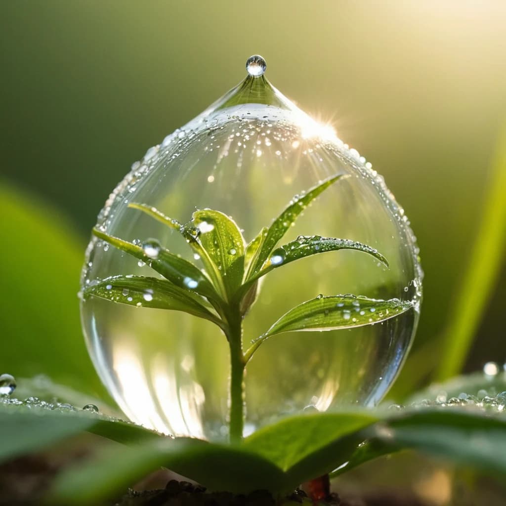 A world within a dewdrop: Envision a microcosm captured inside a dewdrop, complete with tiny creatures and plants living in this transparent realm. Expand this miniature universe to include a segment of a larger world, such as a human city with flying vehicles, buildings, and more intricate details that suggest an entire bustling civilization contained within the moisture of the dewdrop. Ensure that the elements maintain the watery and moist essence of being part of the dewdrop's interior environment.