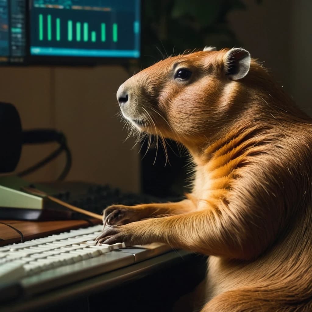 a man with a capybara head is sitting at a computer and recording music into a fl  studio 20