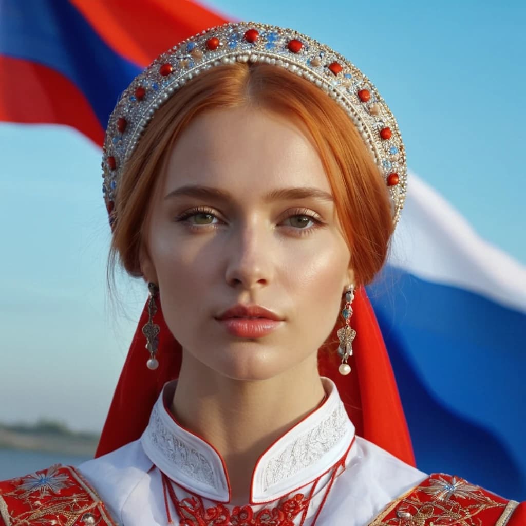 Нарисуй красивую русскую девушку со светло-русыми волосами в русском национальном костюме на фоне флага России (белый, синий, красный)