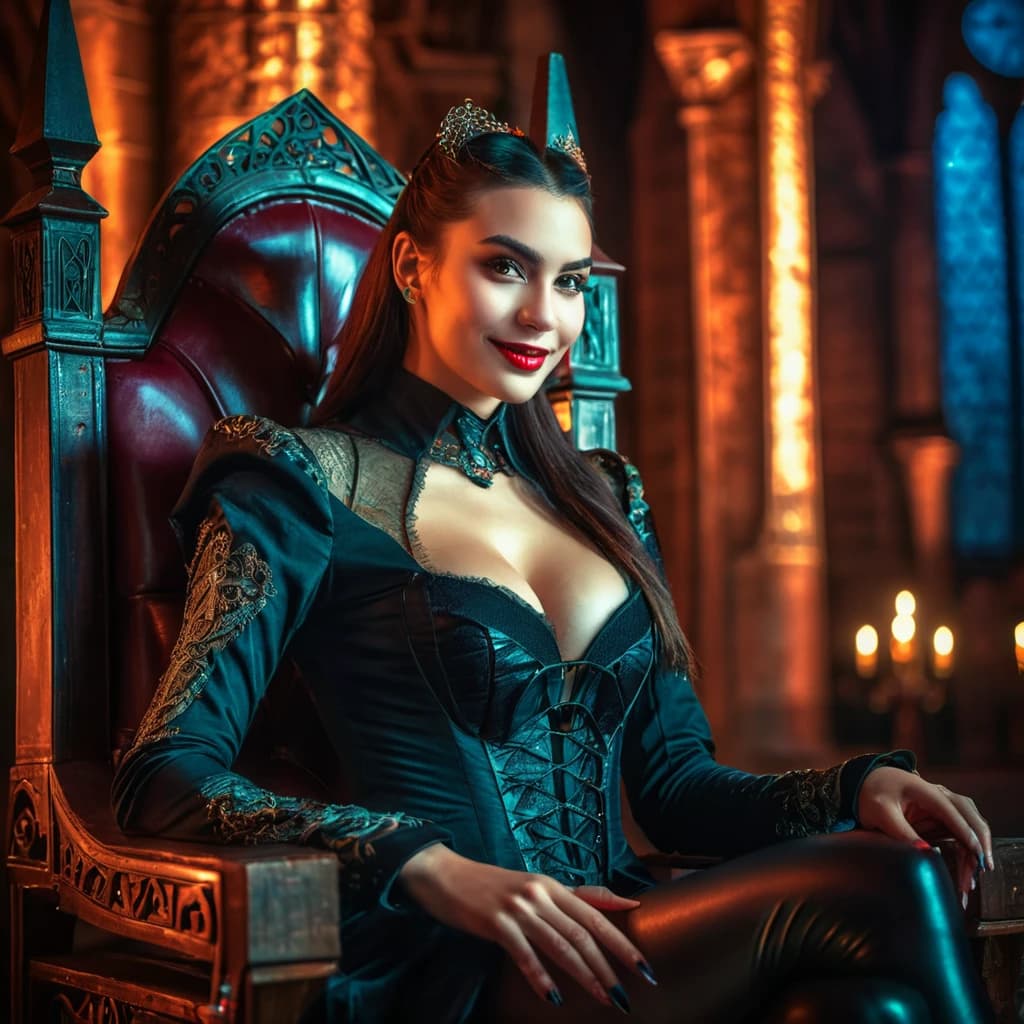 beautiful girl, cyberpunk, vampire, beautiful smile, sitting on a throne, in a beautiful outfit. night, Dracula's castle. (dark shot:1.17), epic realistic, faded, ((neutral colors)), art, (hdr:1.5), (muted colors:1.2), hyperdetailed, (artstation:1.5), cinematic, warm lights, dramatic light, (intricate details:1.1), complex background, (rutkowski:0.8), (teal and orange:0.4), Details, ((intricate details)), hdr, ((intricate details, hyperdetailed))