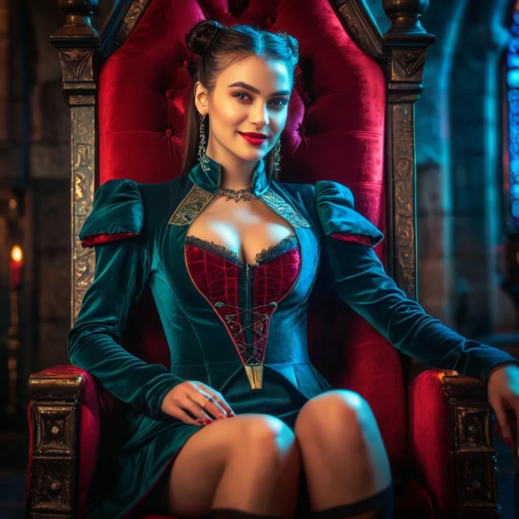 beautiful girl, cyberpunk, vampire, beautiful smile, sitting on a throne, in a beautiful outfit. night, Dracula's castle. (dark shot:1.17), epic realistic, faded, ((neutral colors)), art, (hdr:1.5), (muted colors:1.2), hyperdetailed, (artstation:1.5), cinematic, warm lights, dramatic light, (intricate details:1.1), complex background, (rutkowski:0.8), (teal and orange:0.4), Details, ((intricate details)), hdr, ((intricate details, hyperdetailed))