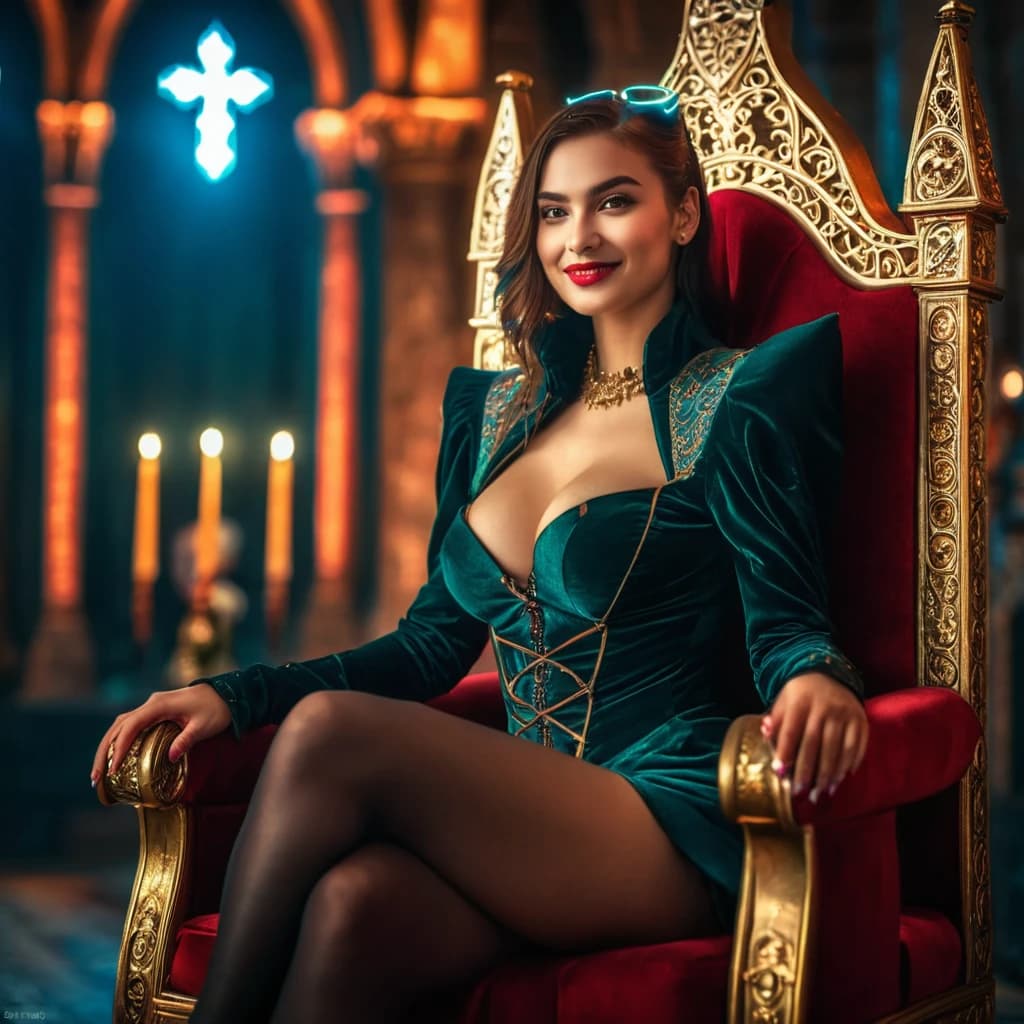 beautiful girl, cyberpunk, vampire, beautiful smile, sitting on a throne, in a beautiful outfit. night, Dracula's castle. (dark shot:1.17), epic realistic, faded, ((neutral colors)), art, (hdr:1.5), (muted colors:1.2), hyperdetailed, (artstation:1.5), cinematic, warm lights, dramatic light, (intricate details:1.1), complex background, (rutkowski:0.8), (teal and orange:0.4), Details, ((intricate details)), hdr, ((intricate details, hyperdetailed))
