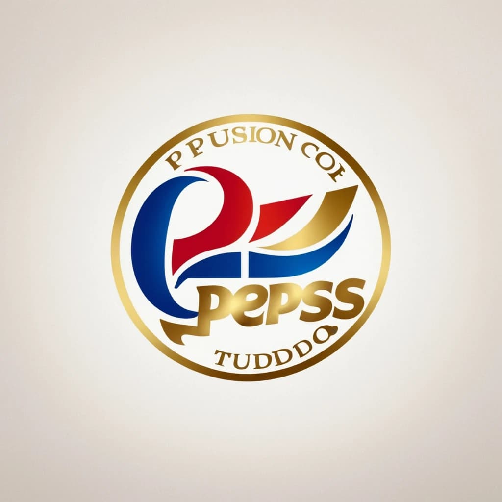 создай логотип для детской студии танца Pepsi, сделай красивое слияние из двух букв P и С, используй цвета: золотой, белый