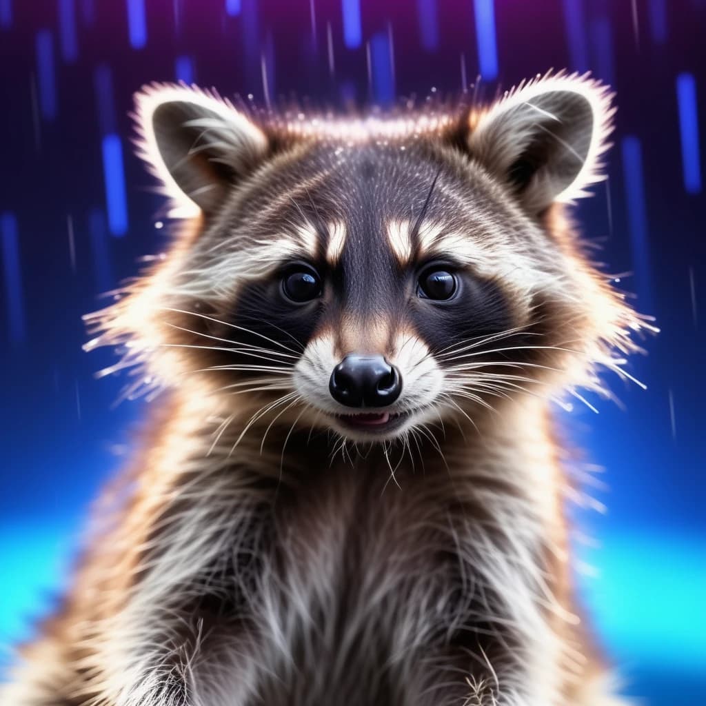 cute Raccoon, blue rays on neon background, in the rain