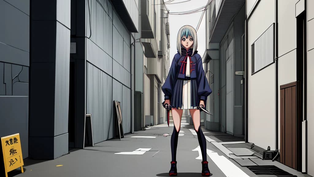 Anime girl standing around the corner with a full-length knife in the center of the frame in color