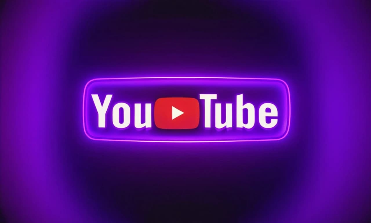 качество 4k, по середине написанно буквами YOUTUBE с фиолетовой светящейся обводкой, снизу фиолетовая плавная подсветка
