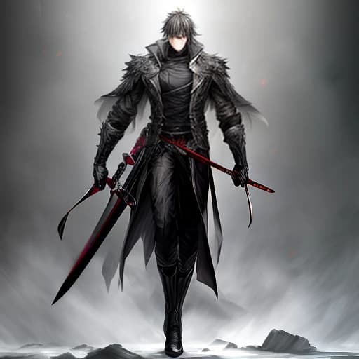 anime character guy, a dark aura envelops him, he is sad, holds a sword in his hand and behind him is the devastation after the battle