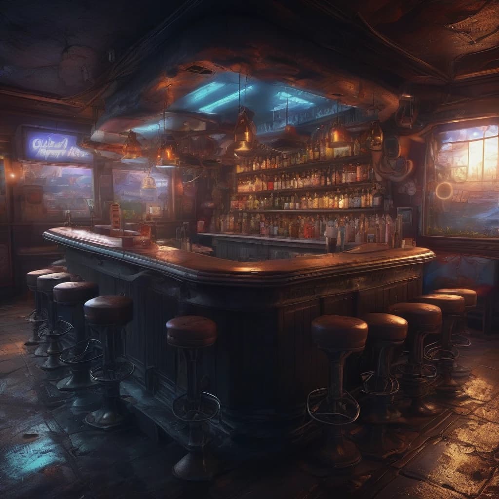 dark fantasy greasy bar ,  (((masterpiece))), ((best quality)), ((intricate detailed)), ((Hyperrealistic)), highly detailed, illustration,  detailed background,  lens flare, from the front