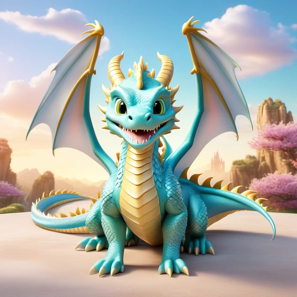 3D dragon child flies in full height, facing the viewer, the dragon looks at the viewer, rounded paws and facial features, the dragon is pale orange, the picture is in pastel colors, a kind dragon in Disney style, the dragon is illuminated from all sides, the dragon is turned to the viewer. The viewer, the image of the dragon is made in pastel colors. the dragon looks into the camera, painted scales on the dragon's skin, funny facial expressions, minimalism, direct soft light.