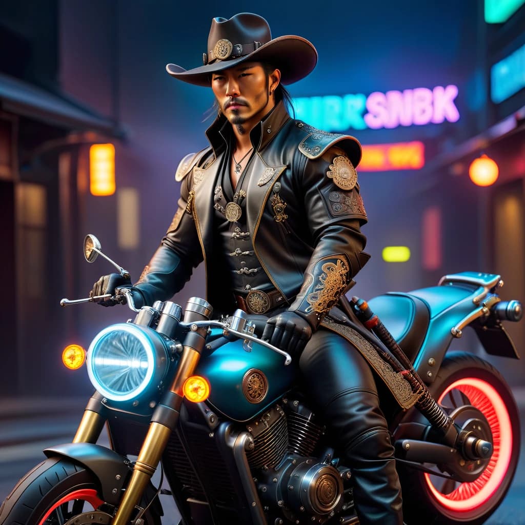 Steampunk cowboy samurai in a hat with a katana sits on a neon motorcycle
