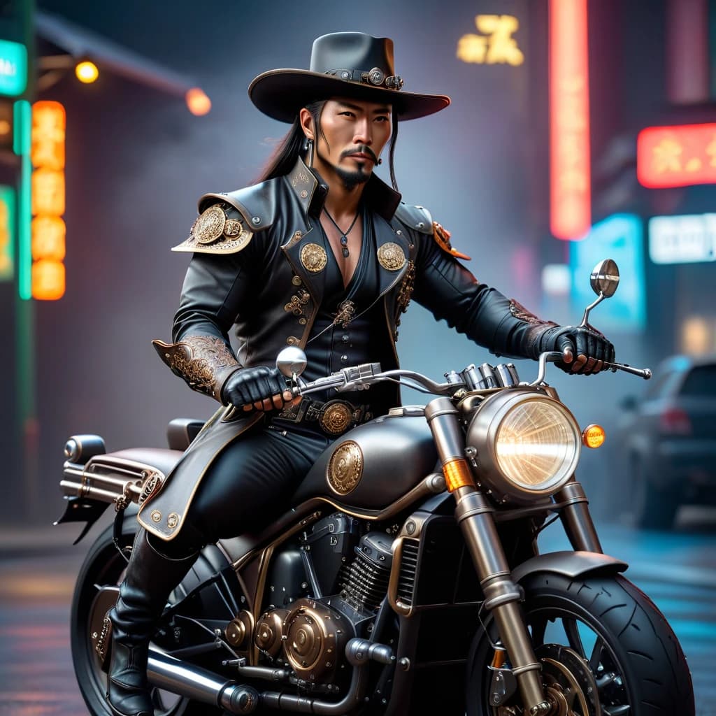 Steampunk cowboy samurai in a hat with a katana sits on a neon motorcycle