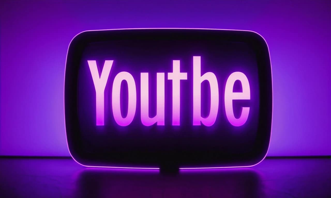 качество 4k, по середине написанно буквами YOUTUBE с фиолетовой светящейся обводкой, снизу фиолетовая плавная подсветка