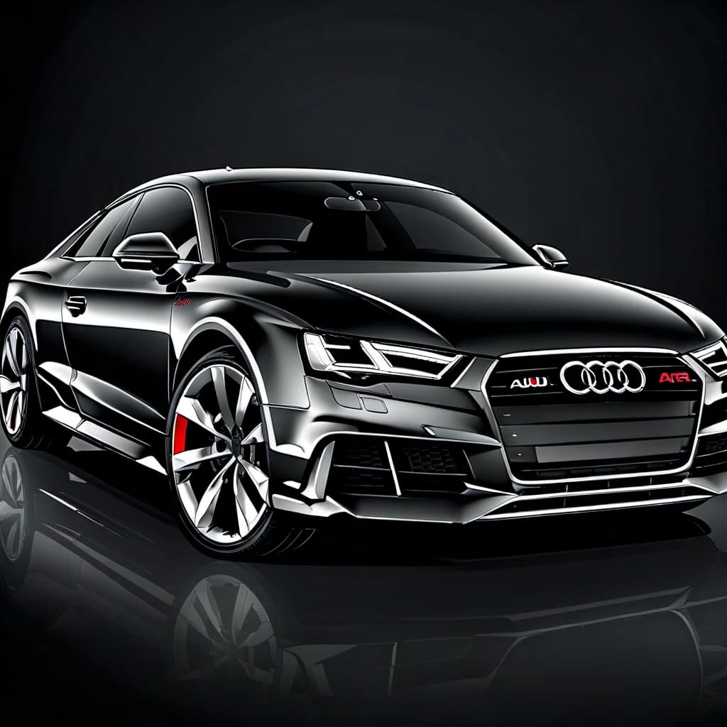 (logo with black background:1.5), cartoon style, (by Giuseppe Arcimboldo:1.9), (vector illustration:1.5), (Audi car:1.9) shines headlights on city street, headlights light is bright, flat vector,