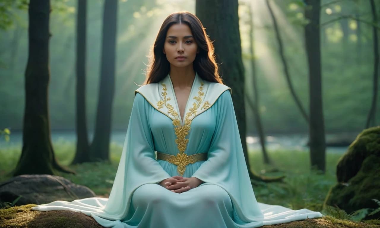 image made in soft blue and green colors to create a peaceful and contemplative atmosphere, which depicts a meditating girl in a white cloak with gold embroidery, sitting under a tree in a forest clearing, near a reflecting lake and soft light falling on the silhouette of the girl