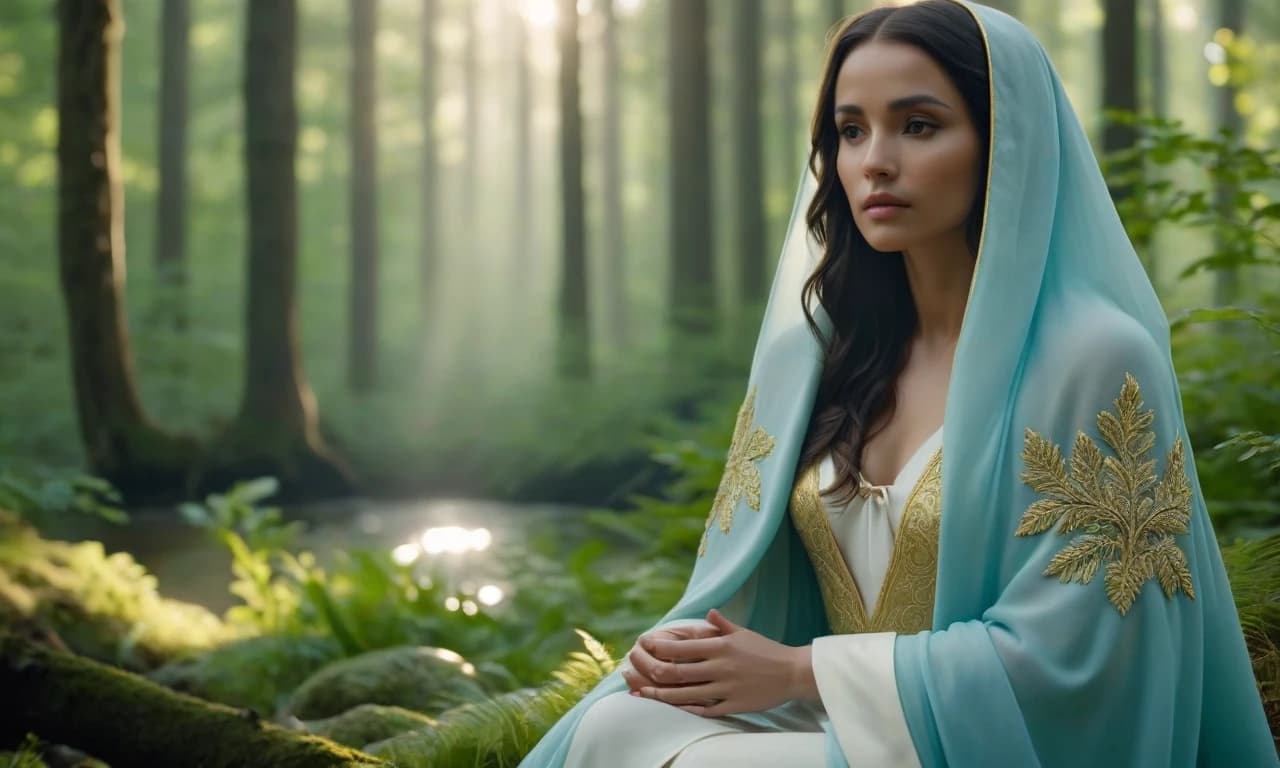 image made in soft blue and green colors to create a peaceful and contemplative atmosphere, which depicts a meditating girl in a white cloak with gold embroidery, sitting under a tree in a forest clearing, near a reflecting lake and soft light falling on the silhouette of the girl