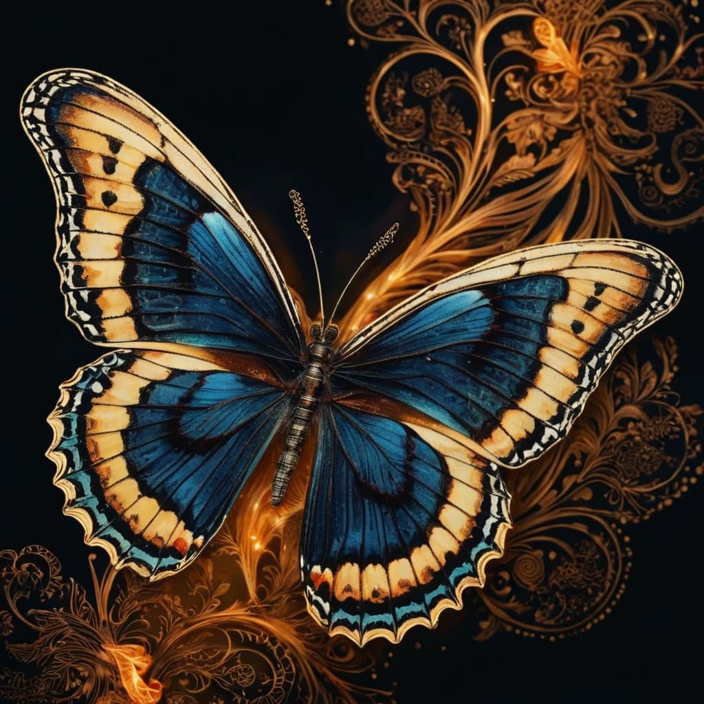 Digital Image. Close-up with double exposure and smooth textures. Flight of a black (butterfly :: 1,3). With intricate ribbed zentangle patterns on butterfly wings:: mudehar, plateresco. Background: depth, perspective, fracture, thin neon flame-colored threads glowing on a complex black textured background. Intricate abstraction with blurred, smoky floral elements of cold shades and swirls of dark golden rocaille. Stylistics: rocaille, surrealism, zentangle, gothic, plateresco. In the manner of Klimt, Tatiana Suarez, Dürer, William Blake. High quality and detail.  HDR.