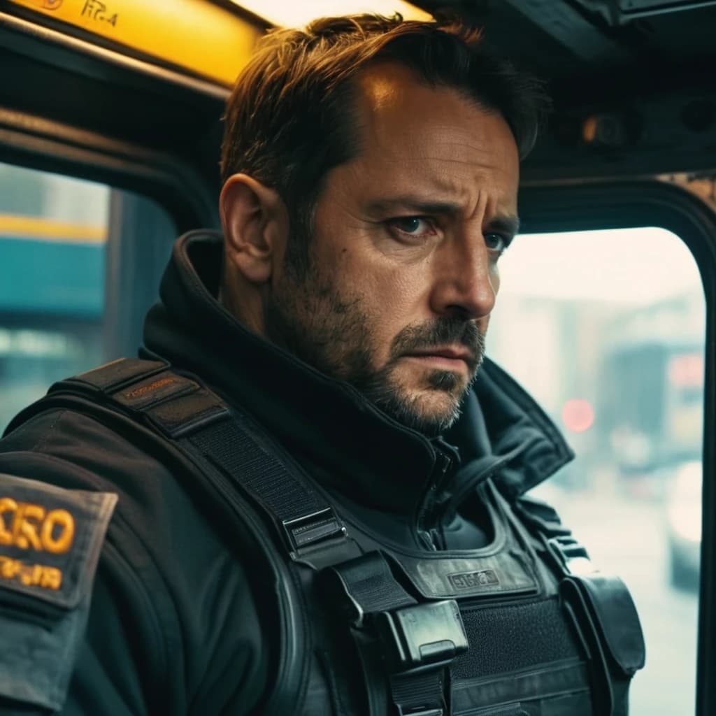 A 40-year-old man, tired but kind eyes, in black gear with a bulletproof vest, a pistol on his hip in a cab. In the style of cyberpunk