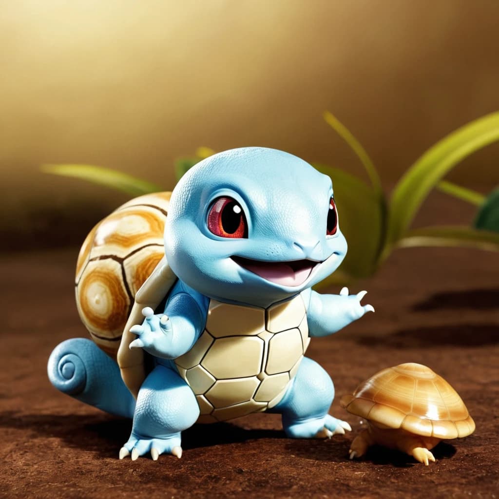 Squirtle is a small reptilian Pokémon that resembles a light-blue turtle. While it typically walks on its two short legs, it has been shown to run on all fours in Super Smash Bros. Brawl. It has large, purplish, or reddish eyes and a slightly hooked upper lip. Each of its hands and feet has three pointed digits. The end of its long, squirrel-like tail curls inward. Its body is encased by a tough shell that forms and hardens after birth. This shell is brown on the top, pale yellow on the bottom, and has a thick white ridge between the two halves.