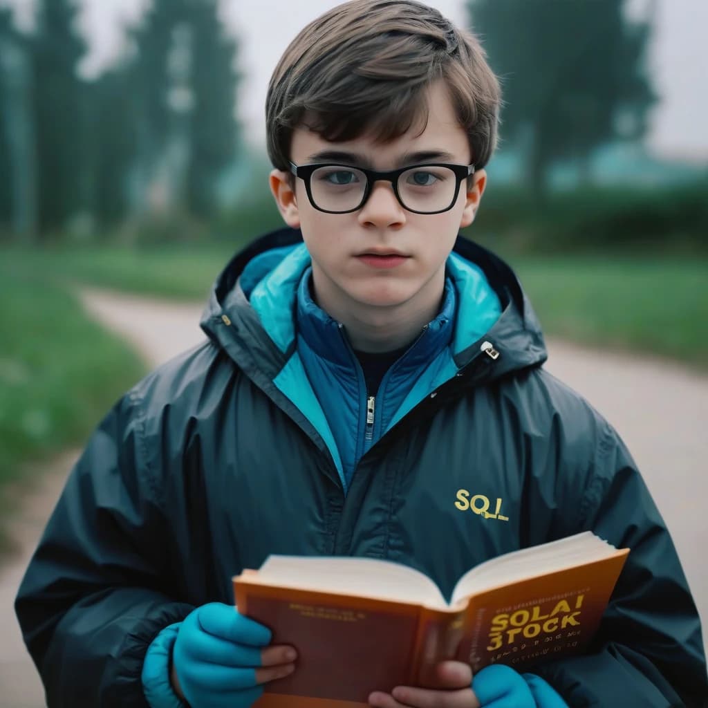 Мальчик в ветровке с книгой в руках. он в очках. на книге написано SQL