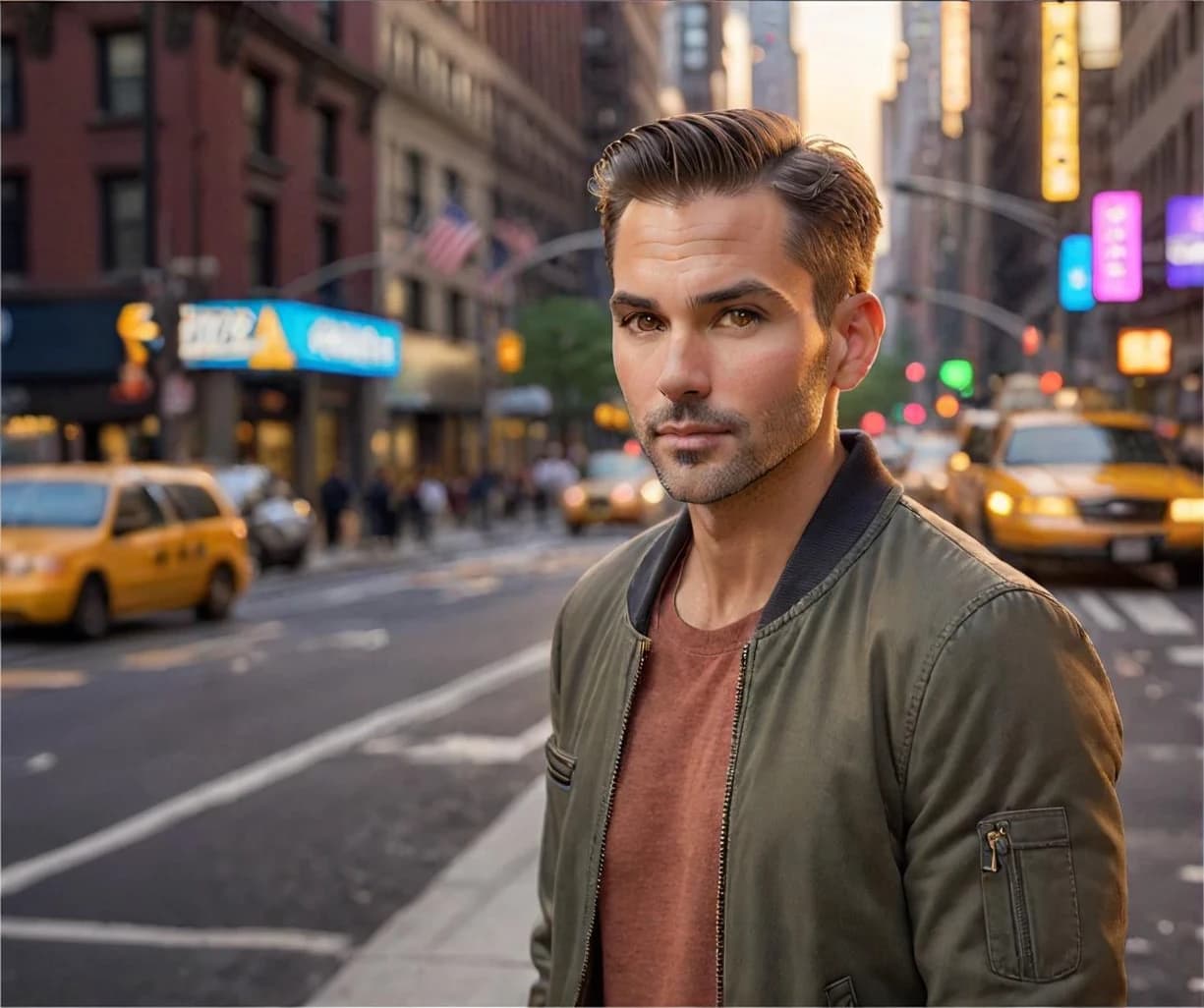 A highly realistic photorealistic portrait of a slim-built man in his mid-30s to early 40s with a modern short haircut, casually strolling through the vibrant streets of New York City during the early evening. He is dressed in a relaxed, stylish outfit—perhaps a loose-fitting jacket, a comfortable t-shirt, and well-worn sneakers or boots, exuding a confident yet laid-back vibe. The golden hour light casts a warm, natural glow on his face, highlighting his features with soft shadows. The background captures the dynamic energy of NYC, featuring tall buildings, pedestrians, and the first glow of neon lights, with yellow taxis in motion. The image has a cinematic composition with a shallow depth of field, keeping the man in sharp focus while slightly blurring the background for a natural, immersive effect. Ultra-detailed, hyper-realistic textures, lifelike skin tones, and authentic city lighting.